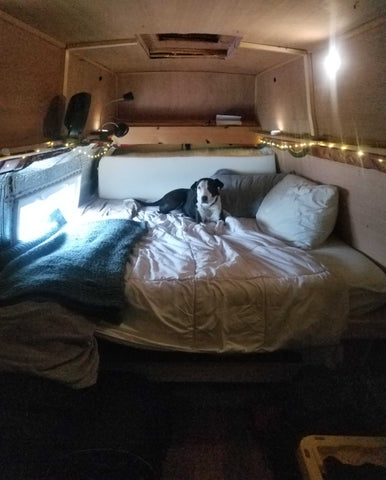 The inside of a cargo van that has been converted to be a living space.