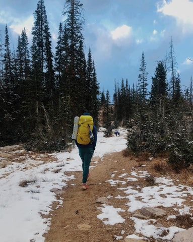 A lone hiker heading into the woods wearing a TETON Sports backpack.