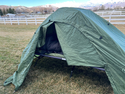 A TETON Sports Vista Tent & Camp Cot Bundle in green set up in a field.