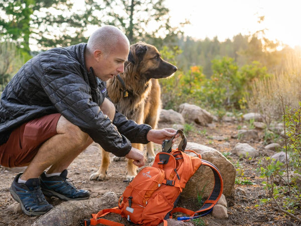 A man and his dog search through a TETON Sports Oasis Backpack in a forest.