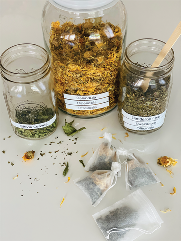 jars and bags of dry tea ready for brewing