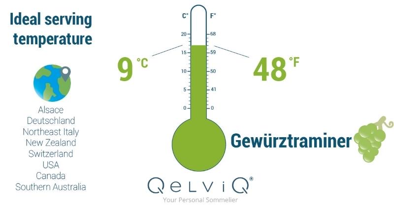 Ideale serveertemperatuur voor Gewurtztraminer is 9 graden Celsius of 48 graden Fahrenheit