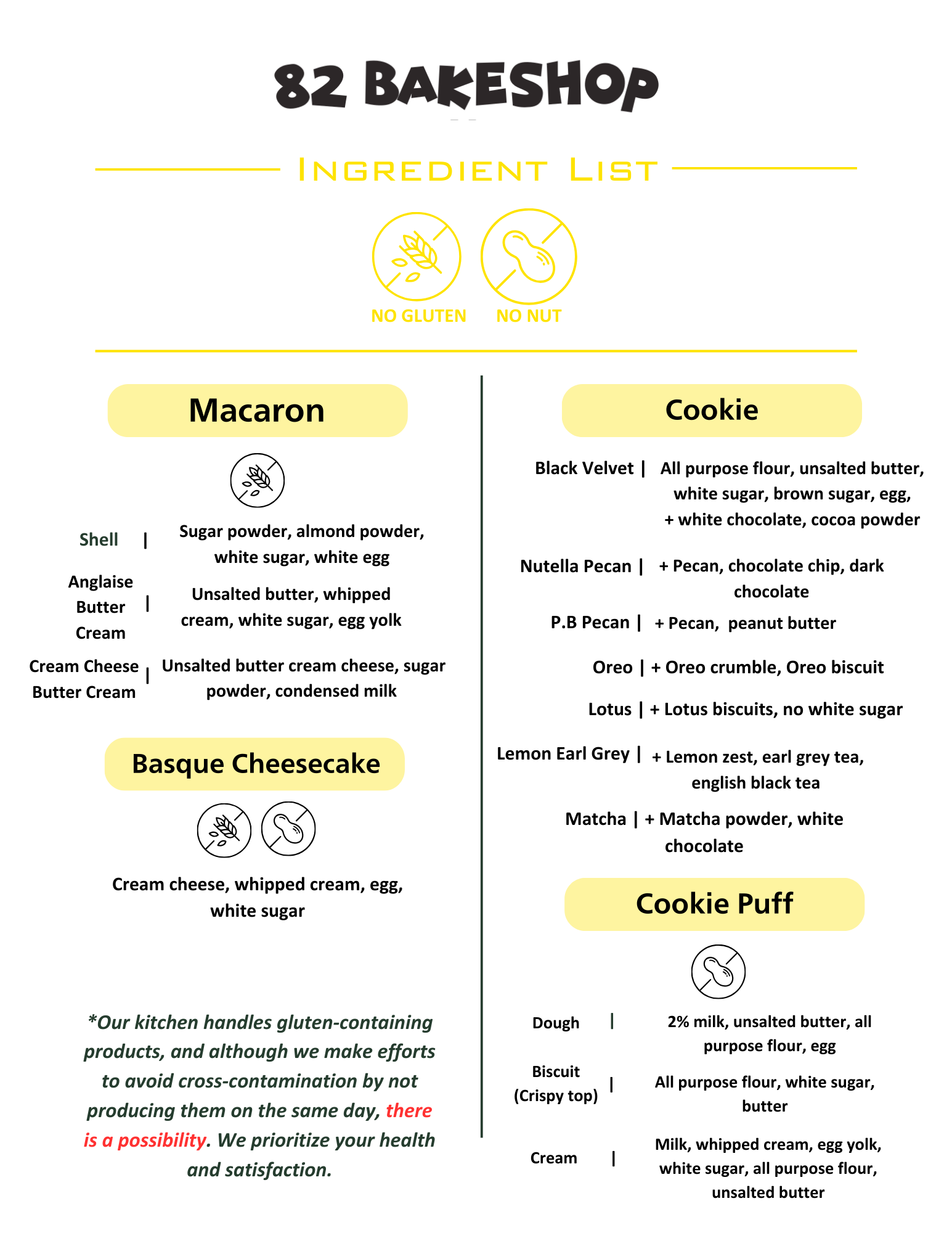 82 BAKESHOP Ingredient List