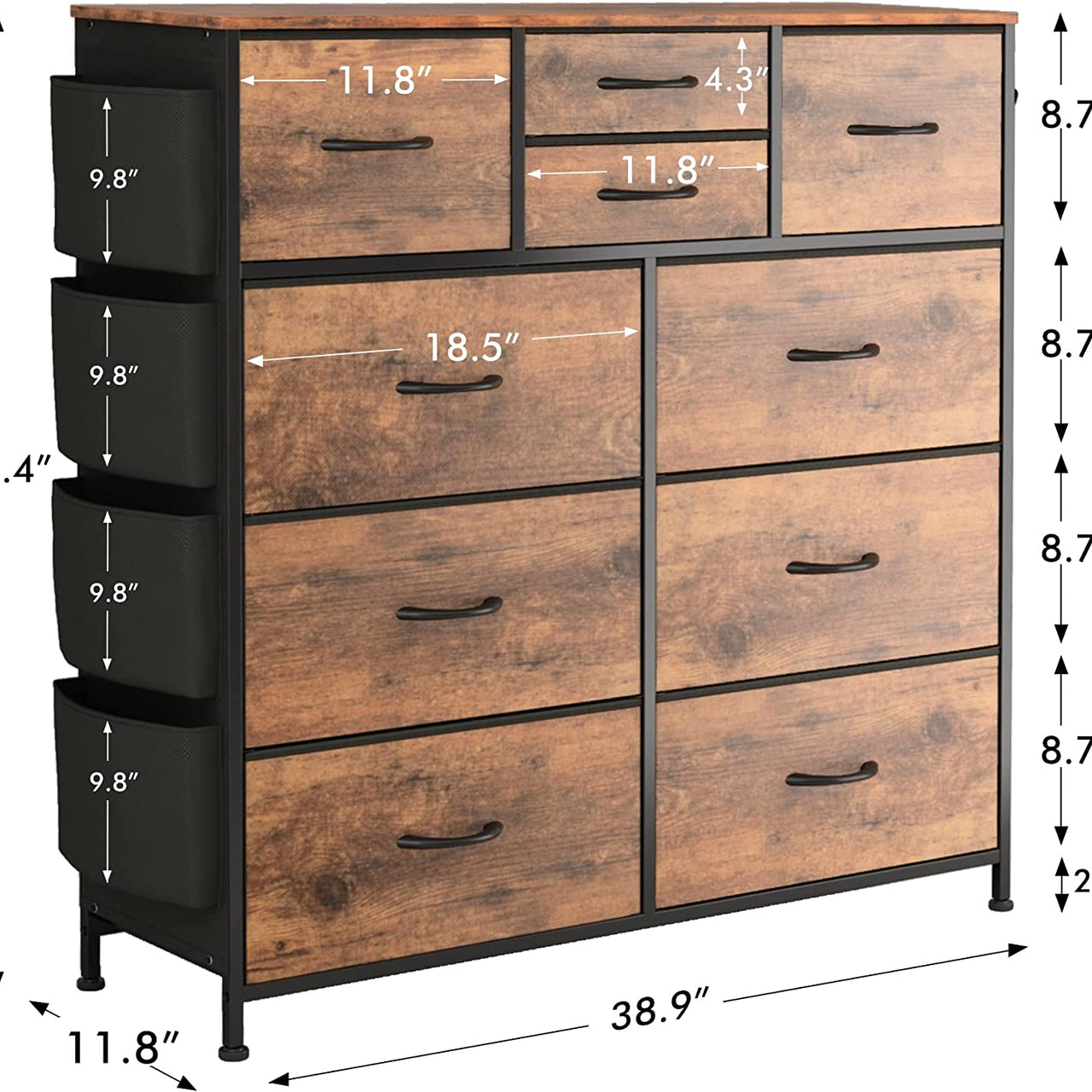 10 Drawer Dresser, Chest of Drawers for Bedroom with Side Pockets and