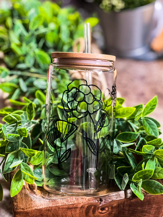 Hibiscus Butterflies with Name, Personalized 16 oz Libbey Glass Can with Bamboo Lid & Straw, Birthday Girl and Squad Glass Tumbler from BluChi