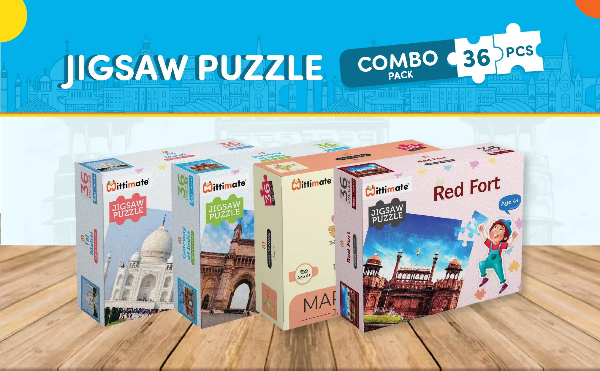 Jigsaw Puzzle Combo Pack of 4 | Map of India, Taj Mahal, Red Fort & Gateway of India | 36 Pcs Cardboard Jigsaw Puzzle for Kids 4 to 6 Years Old