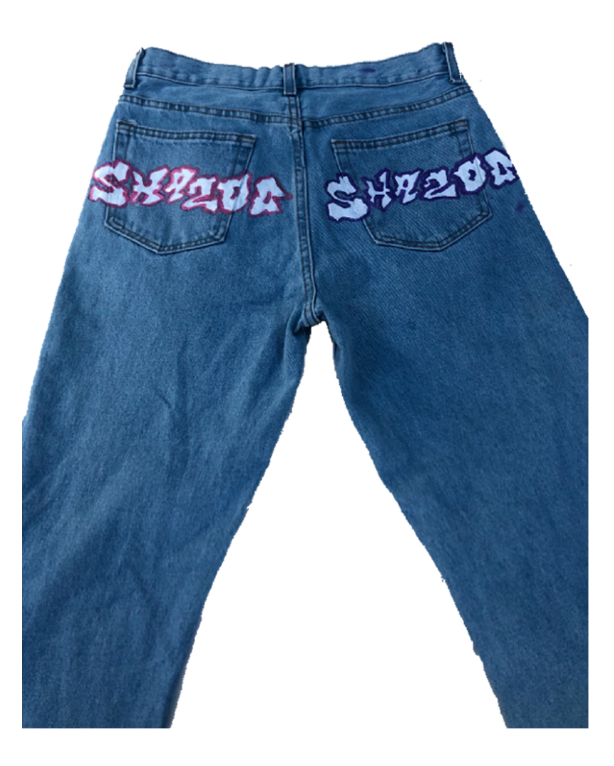 Hand painted regular fit SHAZOO denim jeans pink and purple SIZE UP 2-# ...