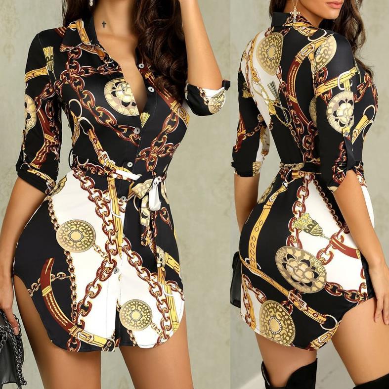 2021 New Style Women&#39;s Summer Long Blouse Fashion Chain Print Stand Collar Shirt Autumn Casual Clothes