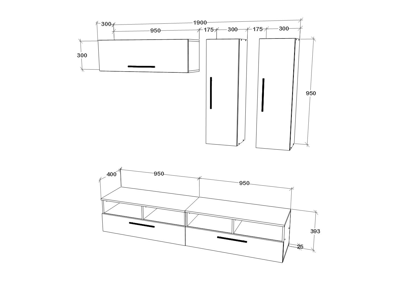 Living Kos V10, Negru/Alb Lucios, MDF, L 190 cm