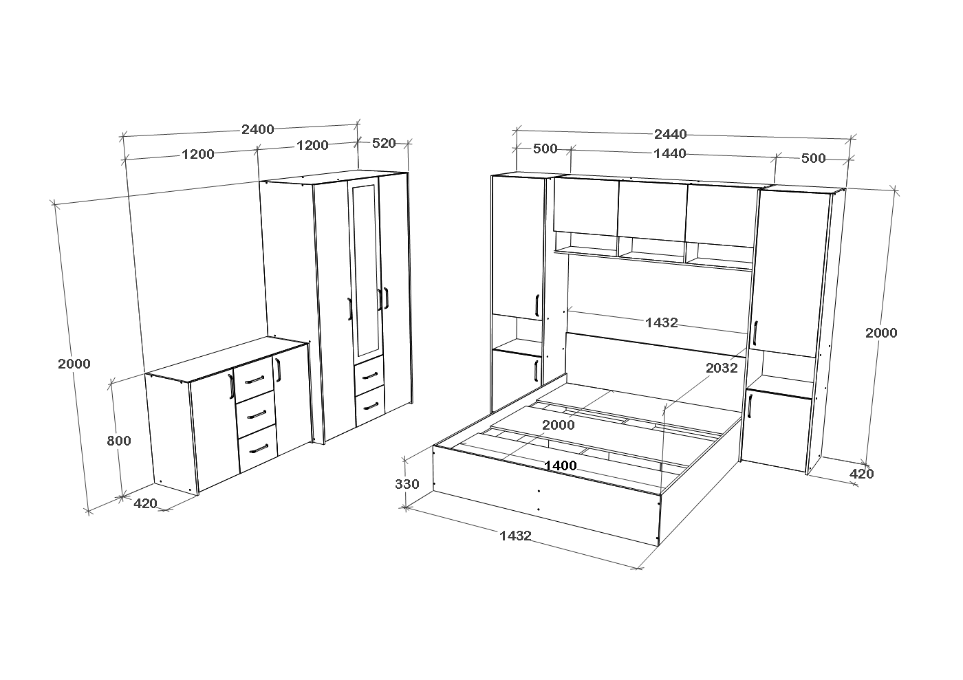 Set dormitor Malmo V12, Pat 200 x 140 cm, Stejar Alb/Antracit