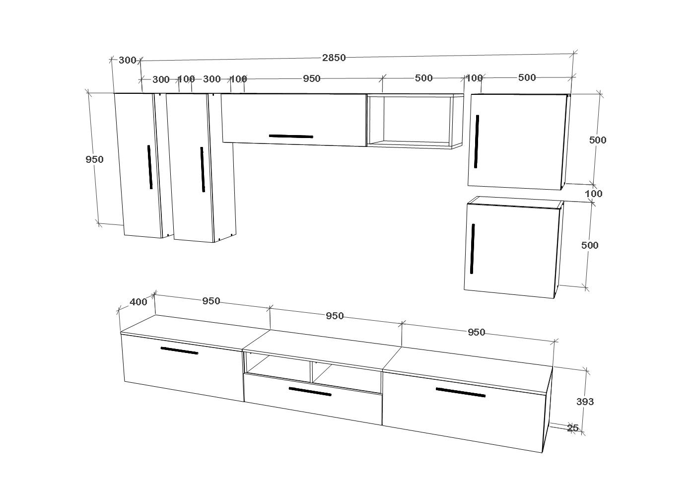 Living Kos V1, Negru/Alb Lucios, MDF, L 285 cm