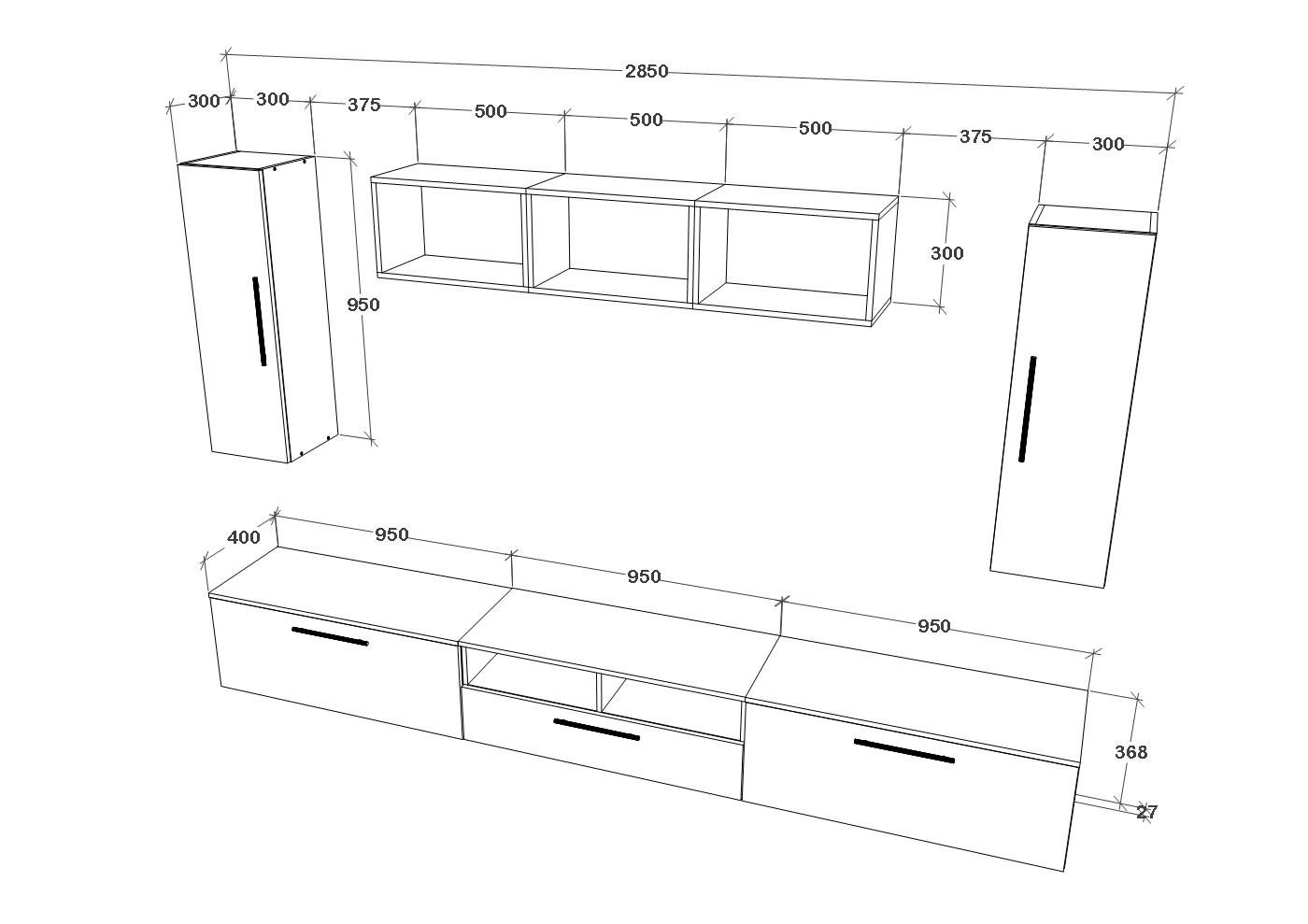 Living Kos V2, Negru/Alb Lucios, MDF, L 285 cm