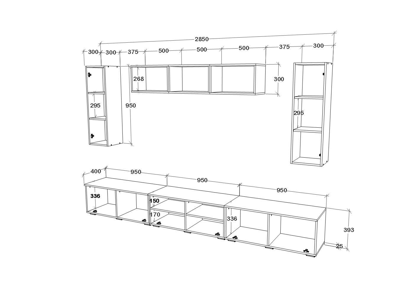 Living Kos V2, Negru/Alb Lucios, MDF, L 285 cm (2)