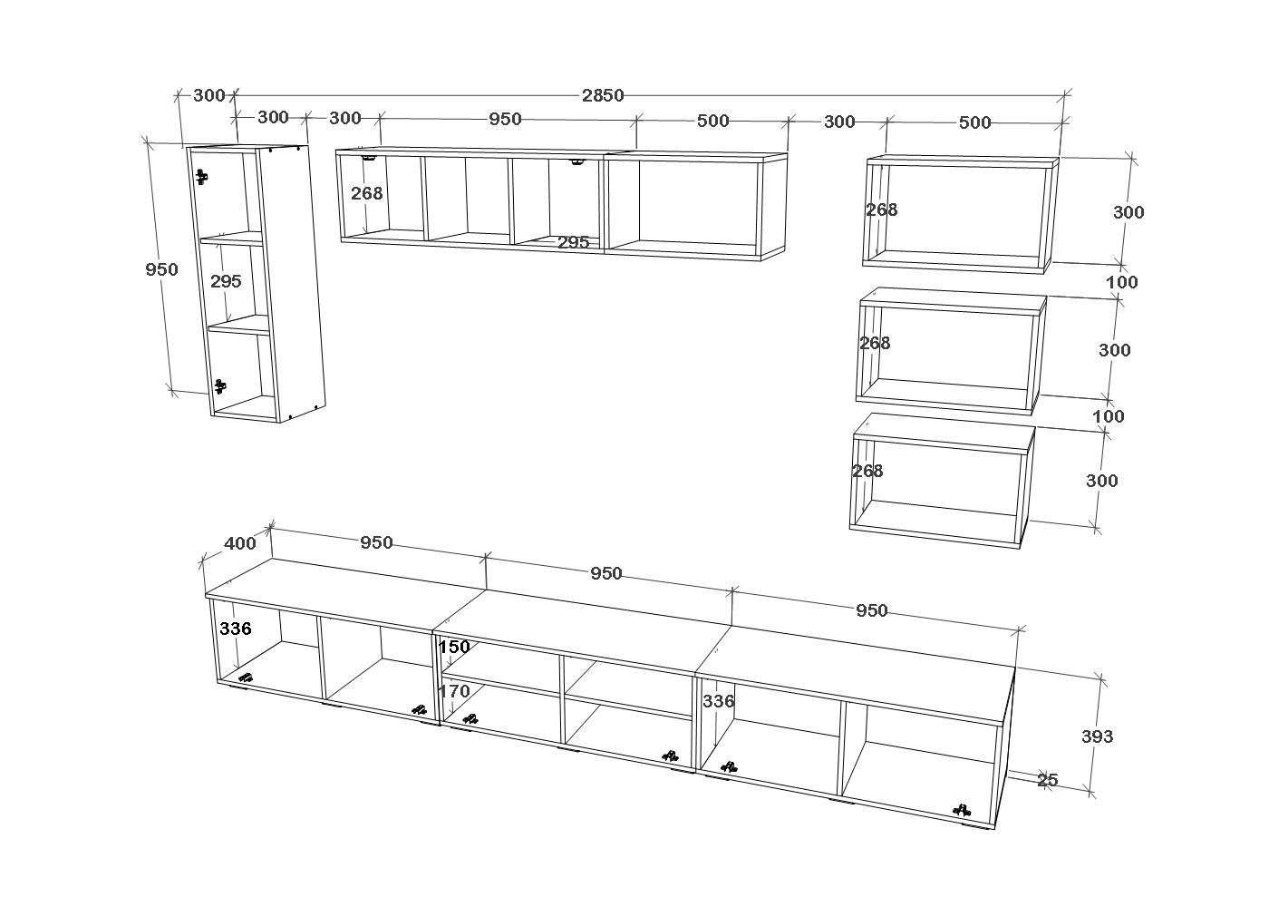 Living Kos V5, Negru/Alb Lucios, MDF, L 285 cm (2)