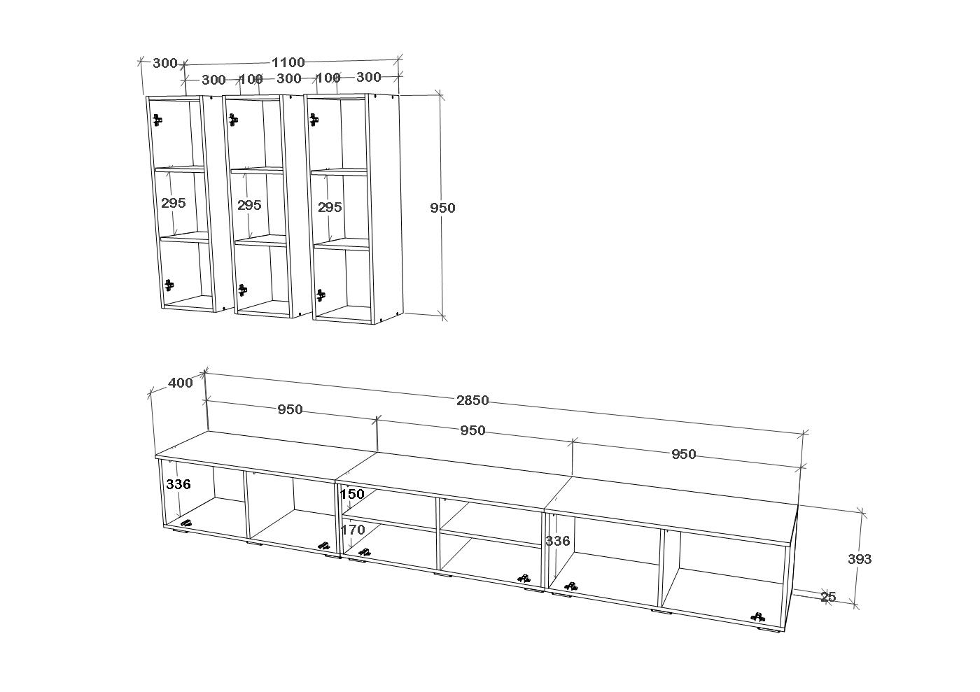 Living Kos V7, Negru/Alb Lucios, MDF, L 285 cm (2)