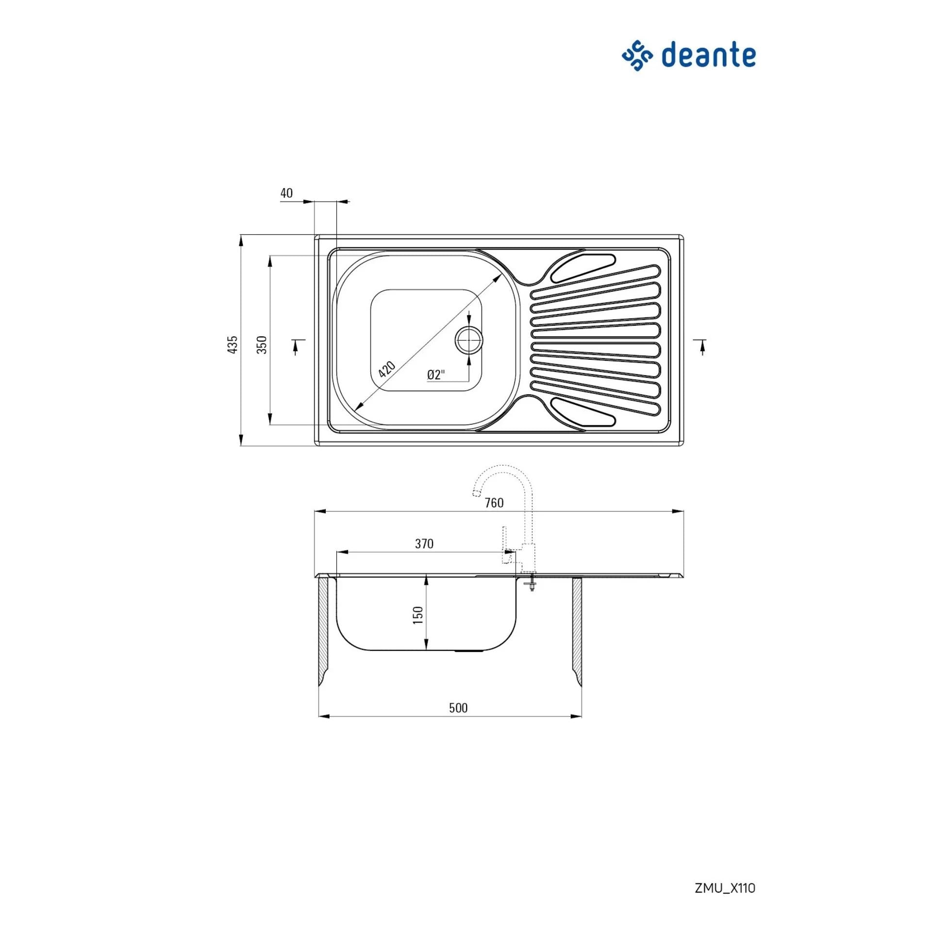 Chiuveta Deante TECHNO, 1 Cuva Universala, Inox Texturat, pe blat, 76 x 43.5 cm