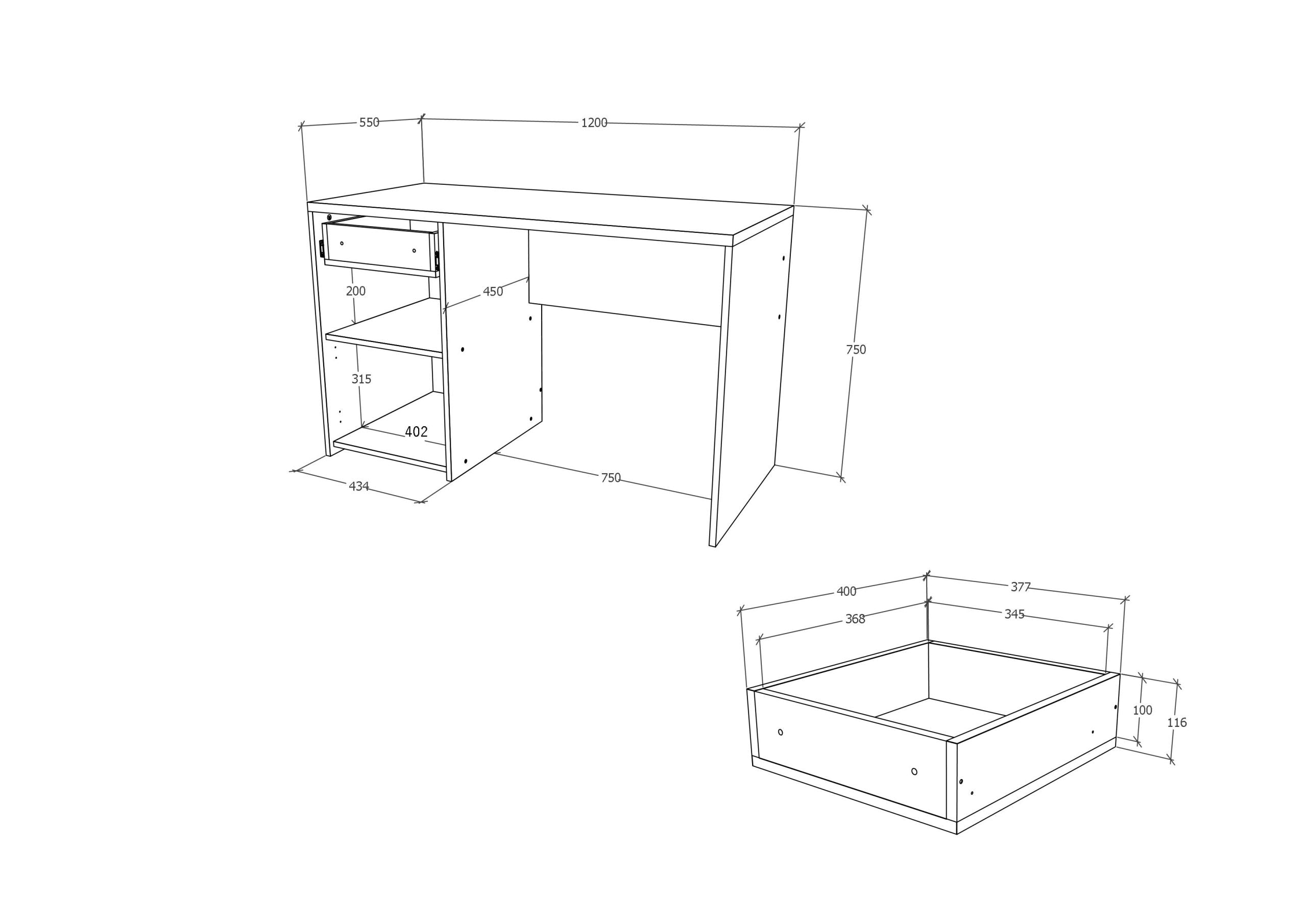 Birou Uno, 1 Sertar, 1 Usa, Alb, 120 x 55 x 75 cm (2)