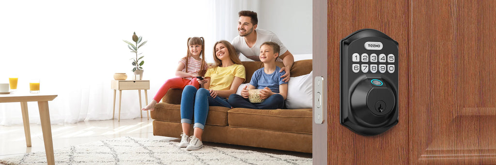 A blissful family finds peace and happiness as Teeho's secure door lock safeguards their home.