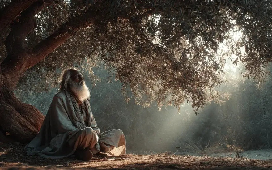 Vieil homme assis paisiblement sous un arbre, symbole de sagesse ancestrale et de retour à la simplicité