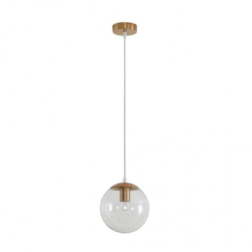 BUBBLE 200mm 1 Light Pendant with Satin Brass Metalware and Clear Spherical Glass Domus