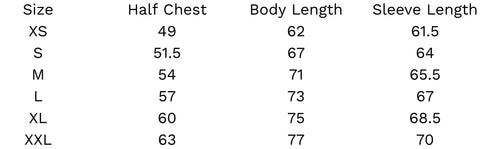 Size chart Sweater