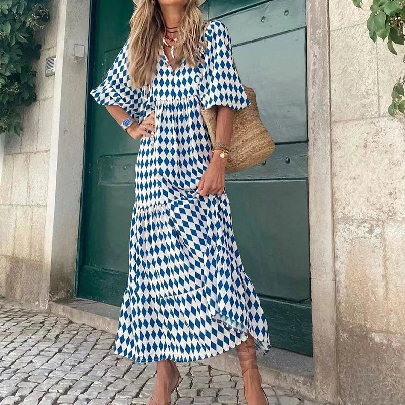 Summer Puff Sleeve Boho Maxi Dress Women Casual Floral Drawstring V-Neck - Image 4