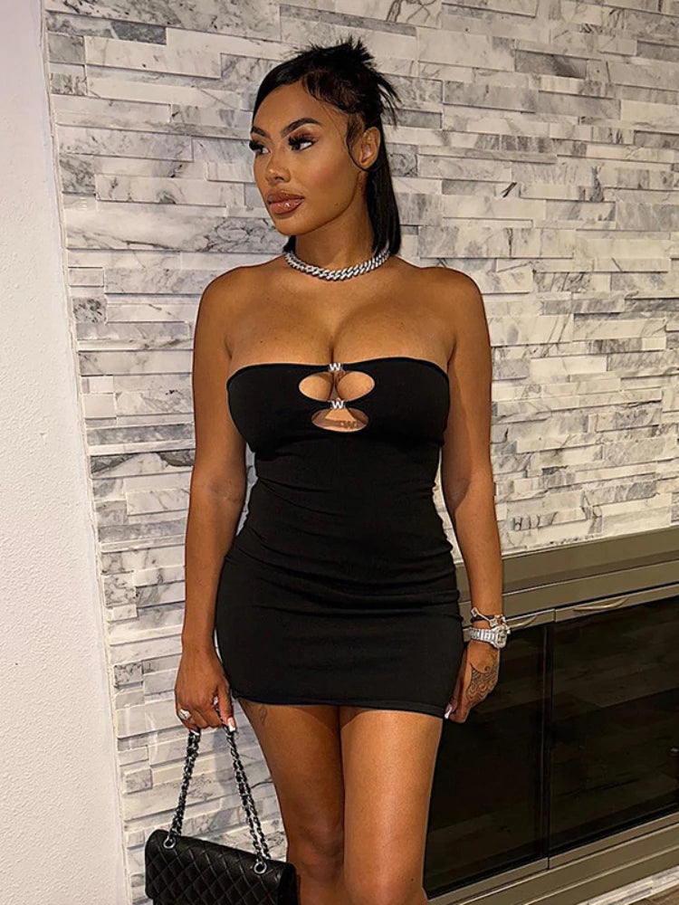 Rhinestone Hollow Out Tube Mini Dresses Black White Pink - Image 8