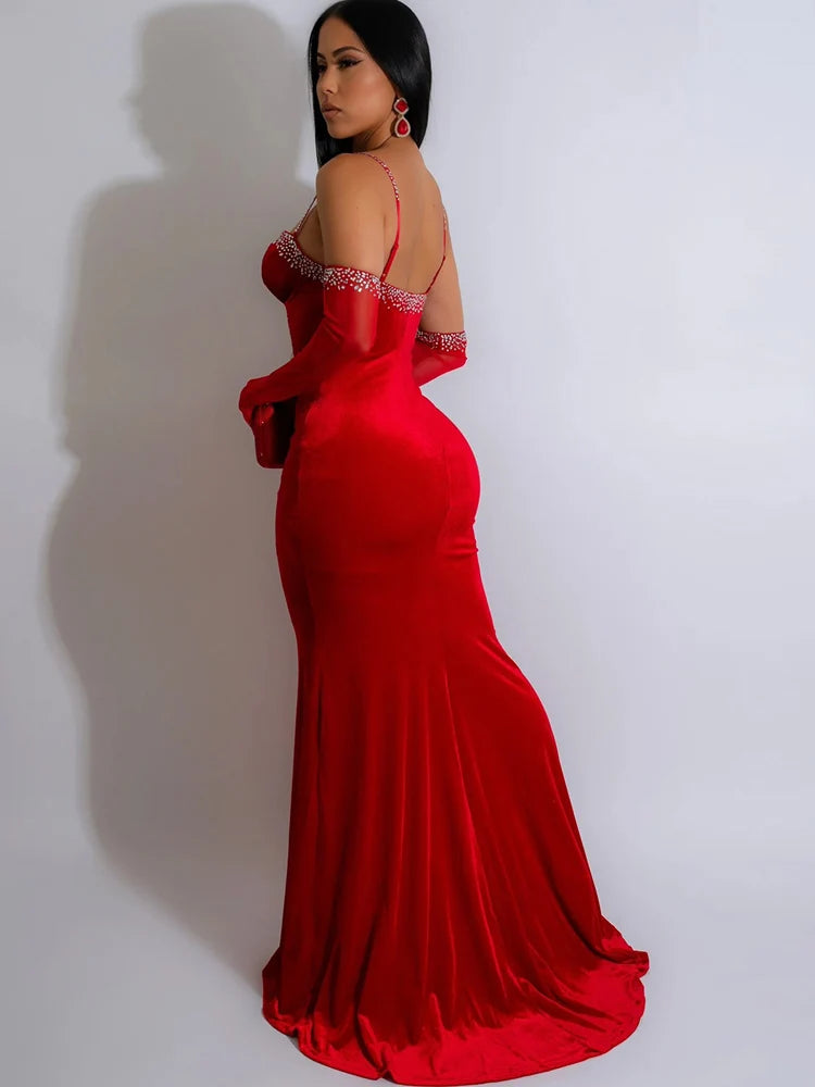 Luxury Velvet Diamond Maxi Dress with Rhinestone Accents - Image 3