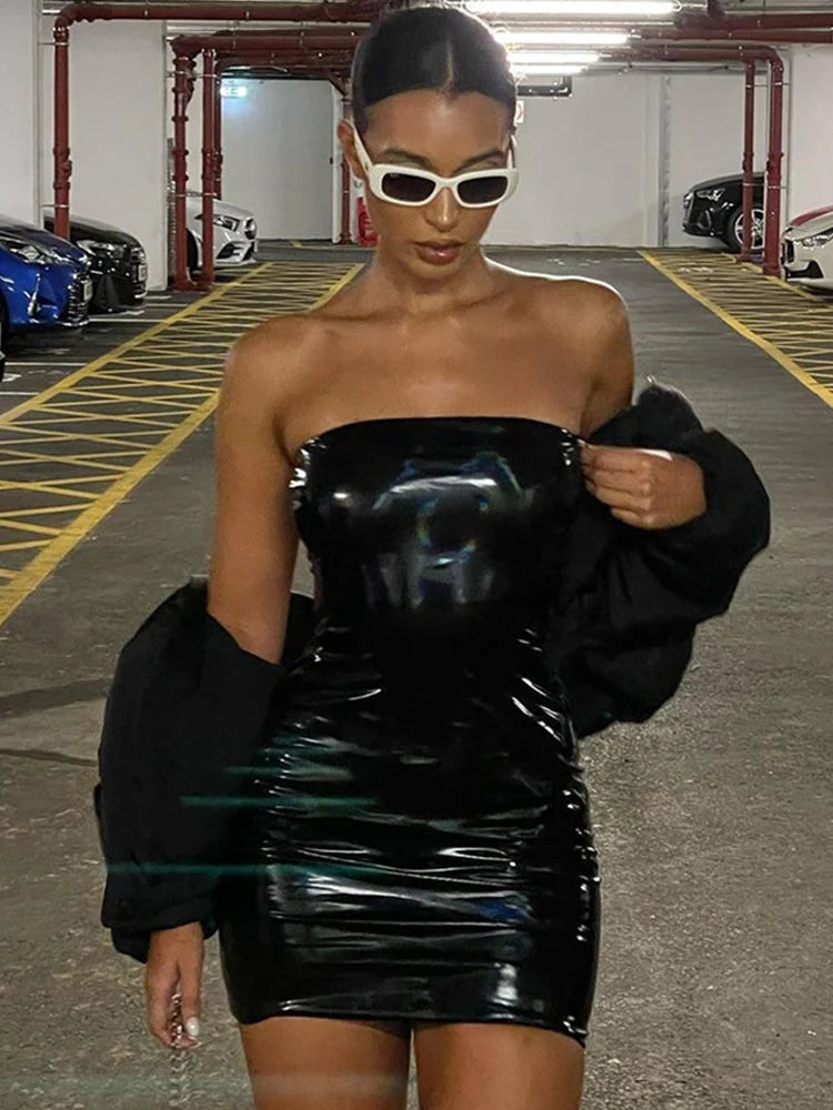 Pu Leather Bodycon Club Dress, Sexy Strapless Sheath Mini - Image 6