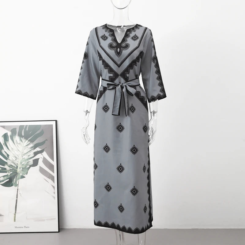 Women's Autumn V-Neck Printed Dress Casual Boho Linen Midi - Image 9