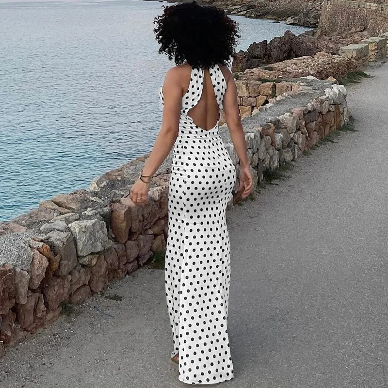 Elegant Satin Dot Maxi Dress Sexy Backless Bodycon for Women - Image 3