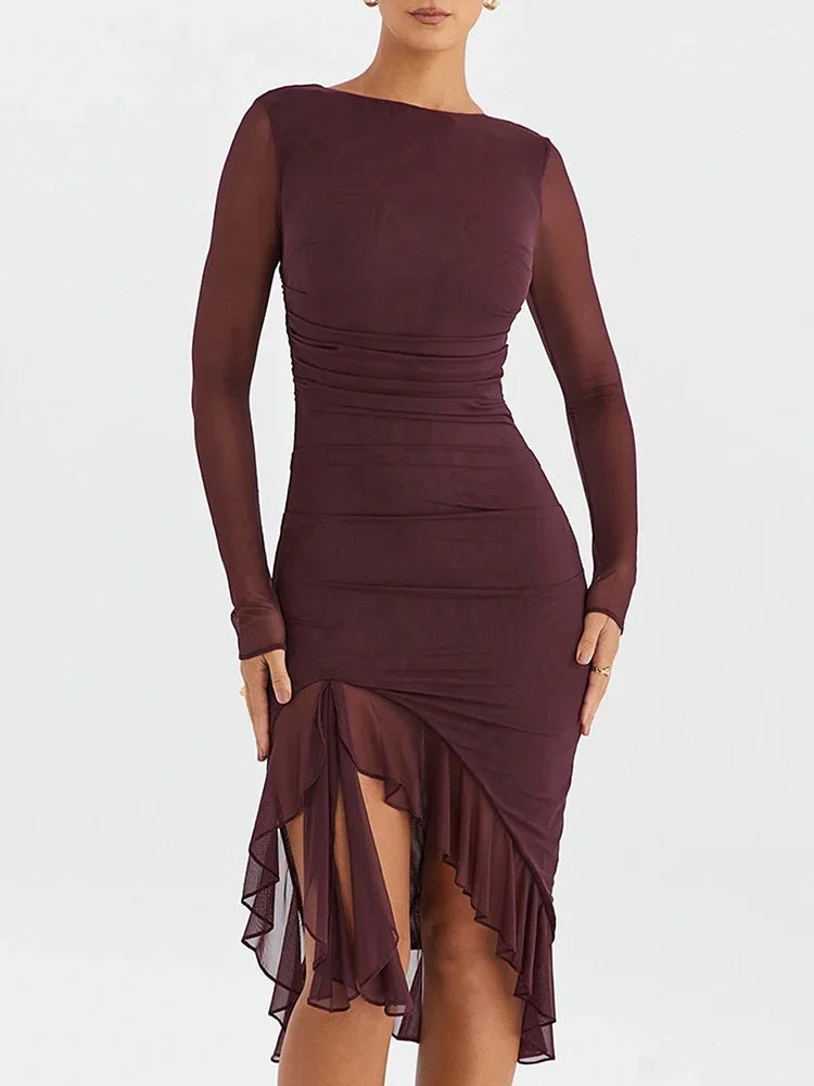 Ruffle Ruched Midi Dress - Sheer Long Sleeve Backless Club Party