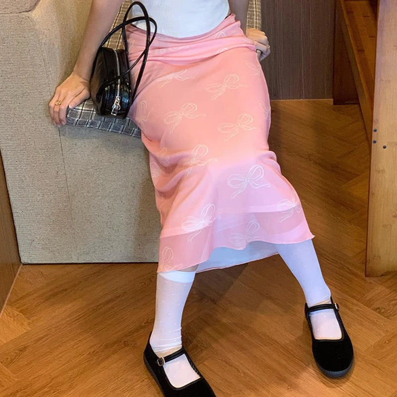 Cute Aesthetic Bow Print Skirt for Women, Korean Style