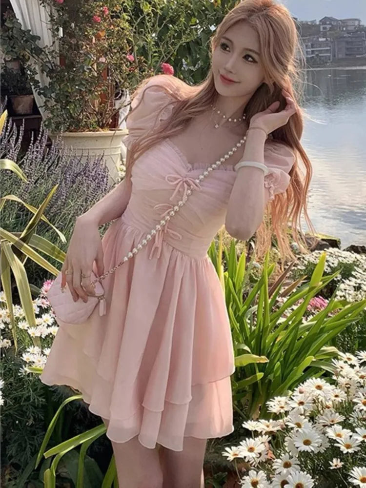 French Elegant Women's Summer Dress with Ruffles and Puff Sleeves - Image 3