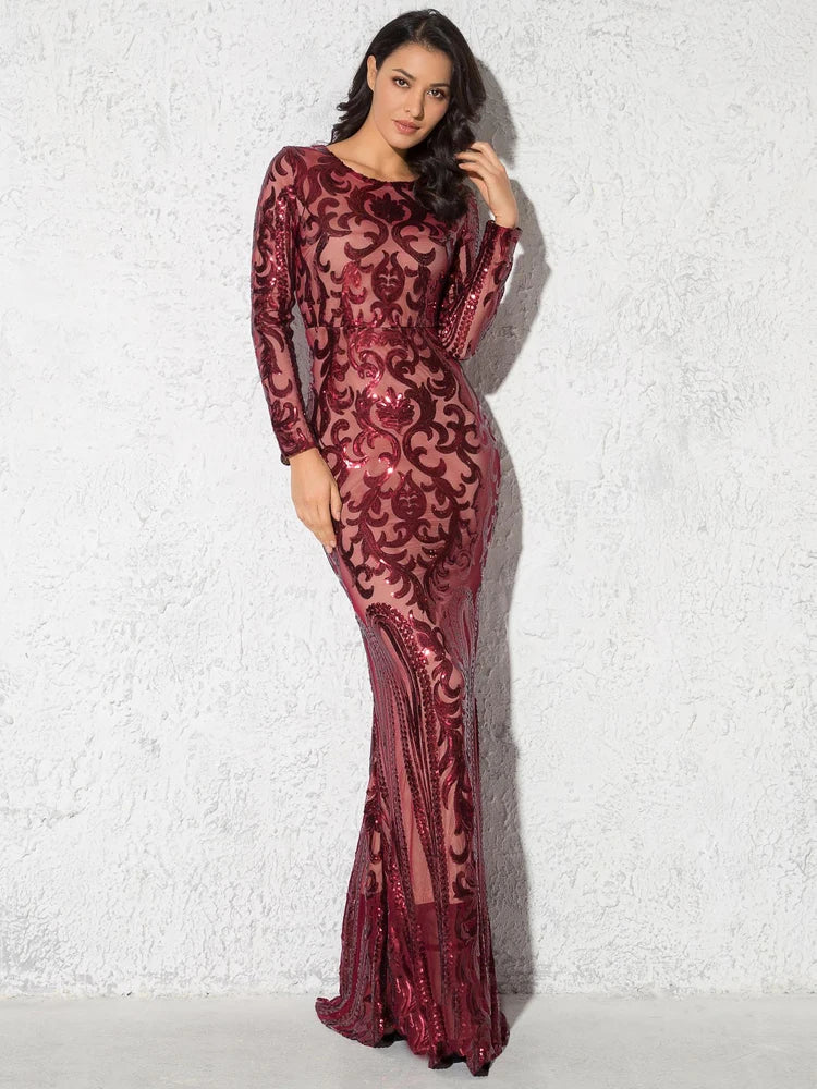 Sequined Full Sleeved Floor Length Party Evening Gown - Image 5