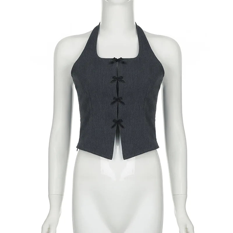 Grunge Grey Sleeveless Split Vest Women's Halter Tank Top - Image 2