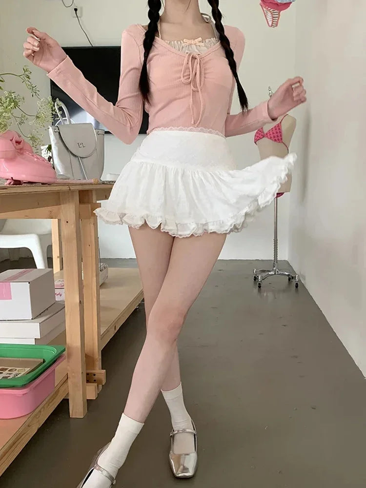 High Waist Ruffle Lace Mesh Patchwork Mini Skirt - Image 6