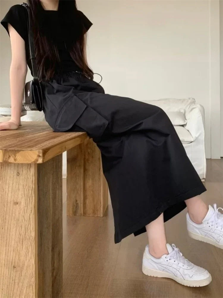 Split Drawstring Elastic Waist Long A-line Cargo Skirt Streetwear Women - Image 4