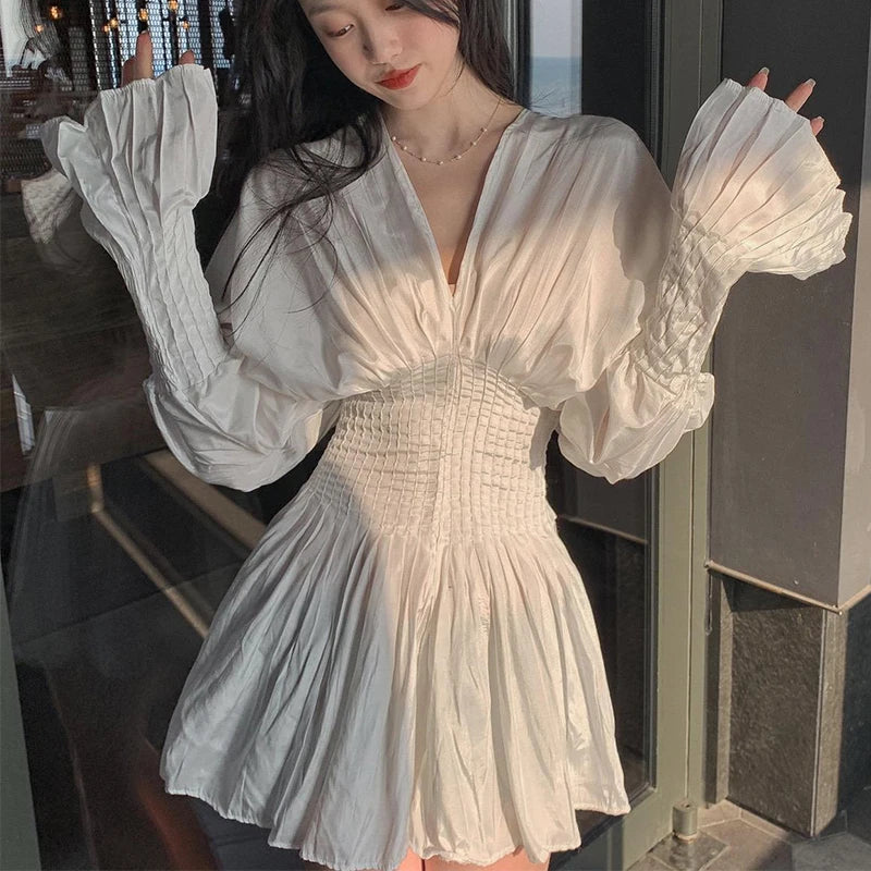 V-Neck Pleated Short Dress Elegant Casual Office Chiffon Mini - Image 3