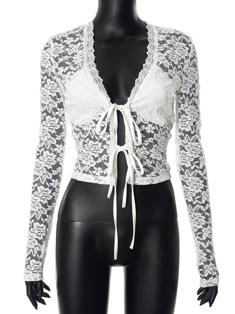 White Hollow Out V-Neck Long Sleeve Crop Top - Image 7