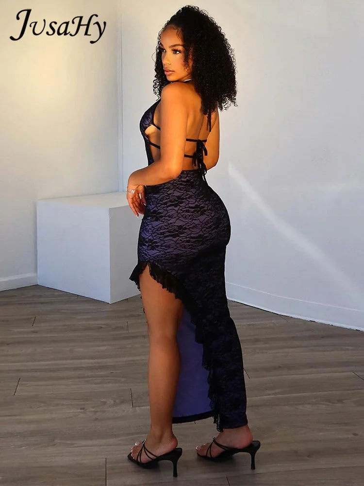 Women's Lace Contrast Tube Top Slim Back Openwork Dress - Image 6