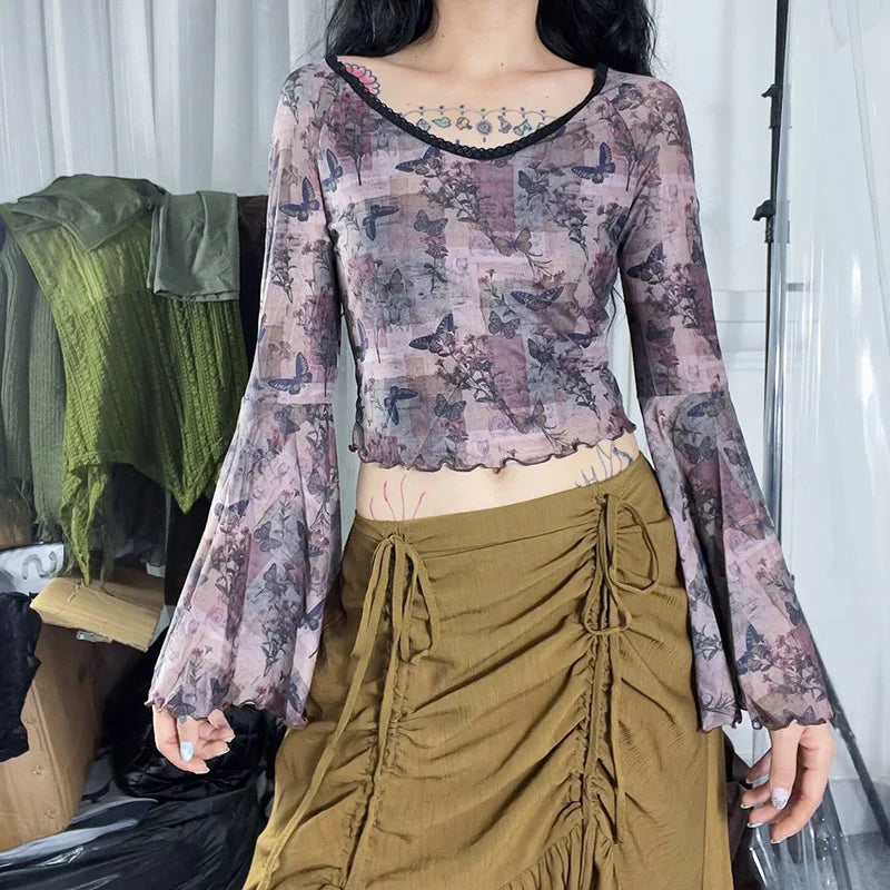 American Vintage Butterfly Print Women's Mesh V-neck Summer Top