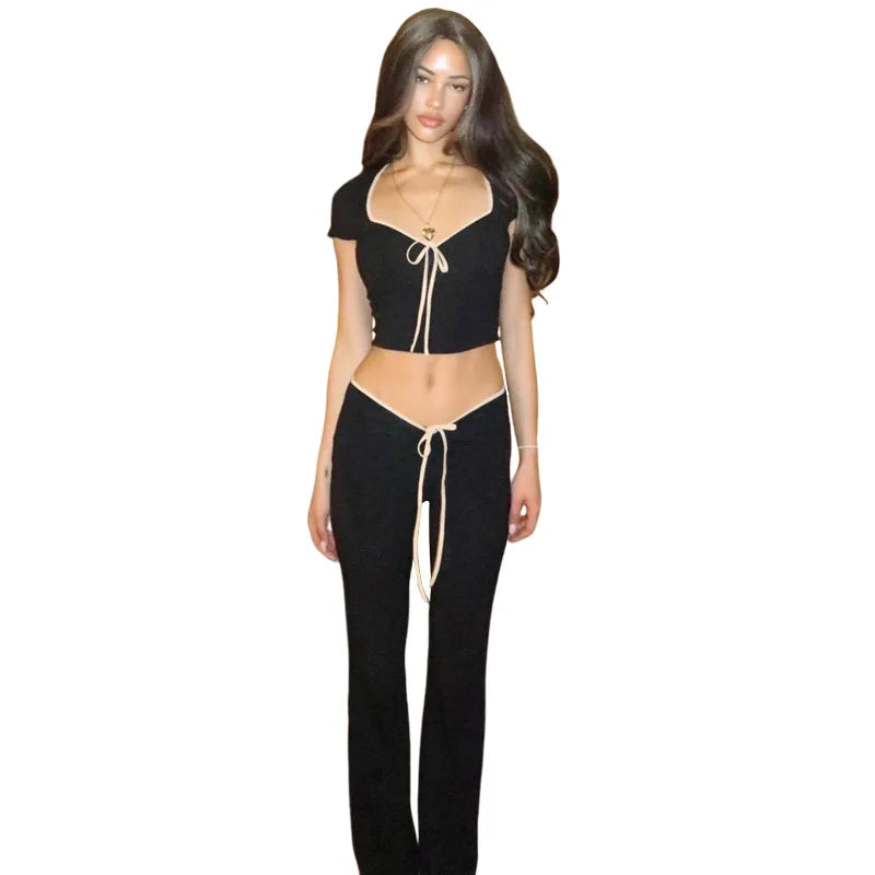 Spring Casual Women's Two-piece Set Square Neck T-shirt & Flare Pants - Image 6