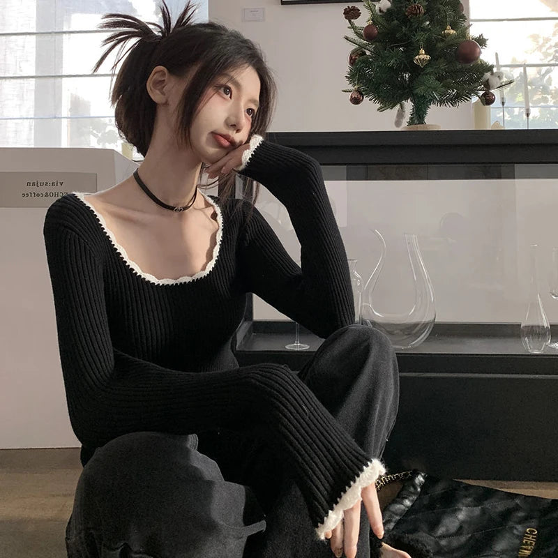 Korean Cute Slim Fit Long Sleeve Pullovers Tops - Image 6