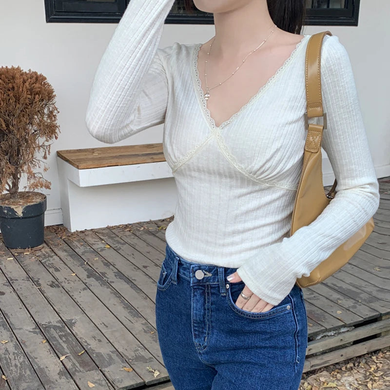 Korean Style Women's Knit V Neck White Top Streetwear - Image 6