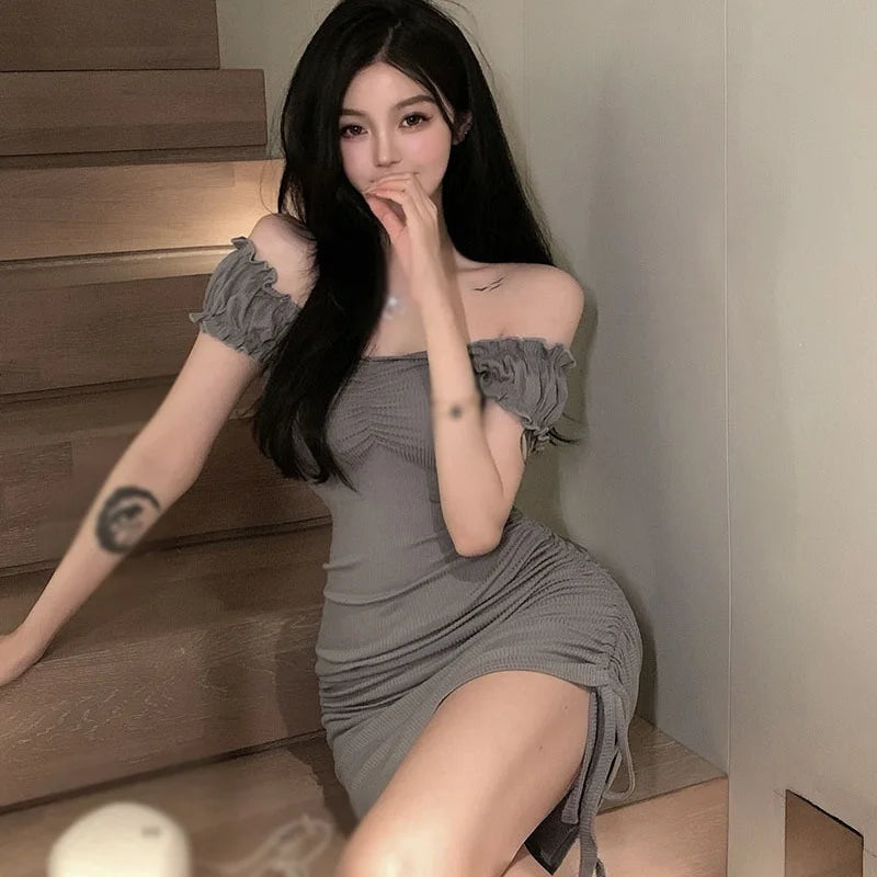 Korean Summer Solid Slash Neck Drawstring Dress Sexy Short Sleeve - Image 4
