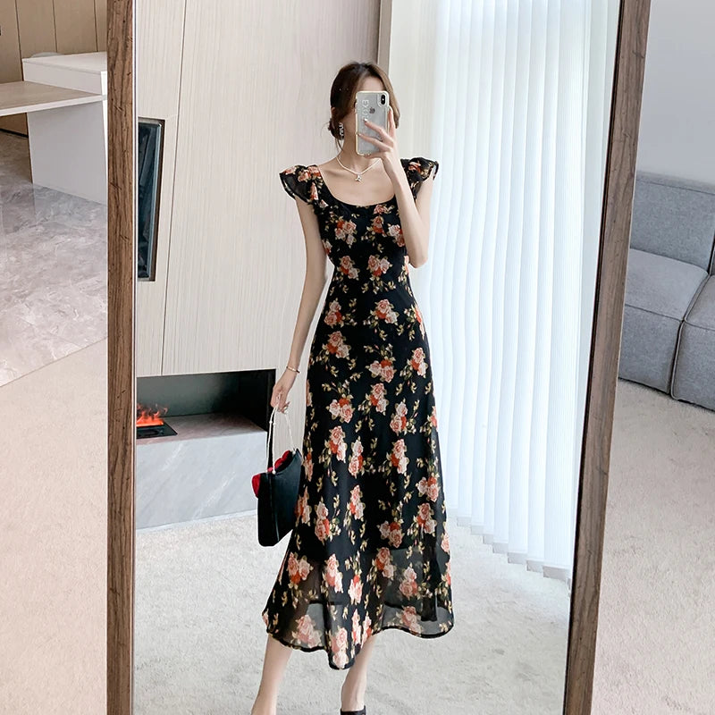 Korean Vintage Black Floral Prints Midi Dress - Summer Fashion