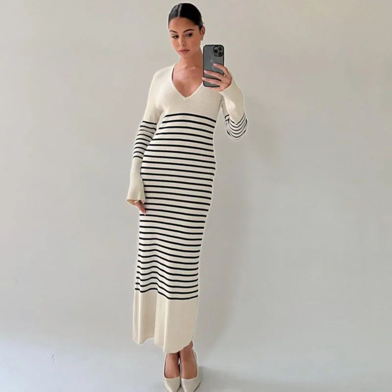 Flared Long Sleeve V-Neck Striped Maxi Dress for Women's Cart.