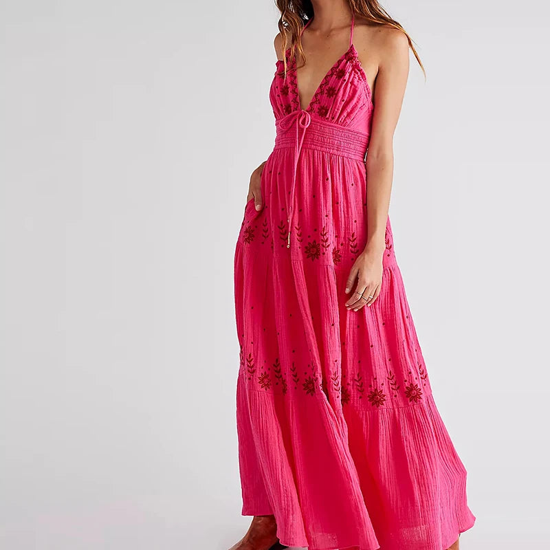 Bohemian Embroidered Maxi Dress for Women V Neck, Backless - Image 3