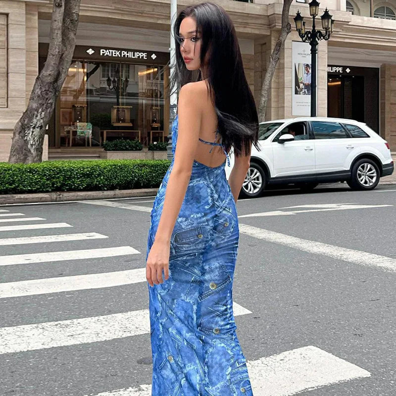 Halter Backless 3D Denim Print Long Summer Dress for Women - Image 5